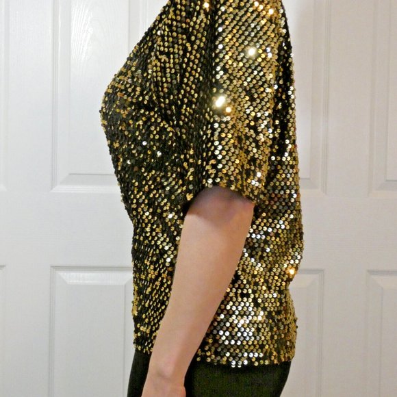 Tu Gold Sequins Blouse Women Size 8 Party Top Cocktail Dinner Dance Date Night - Picture 5 of 13